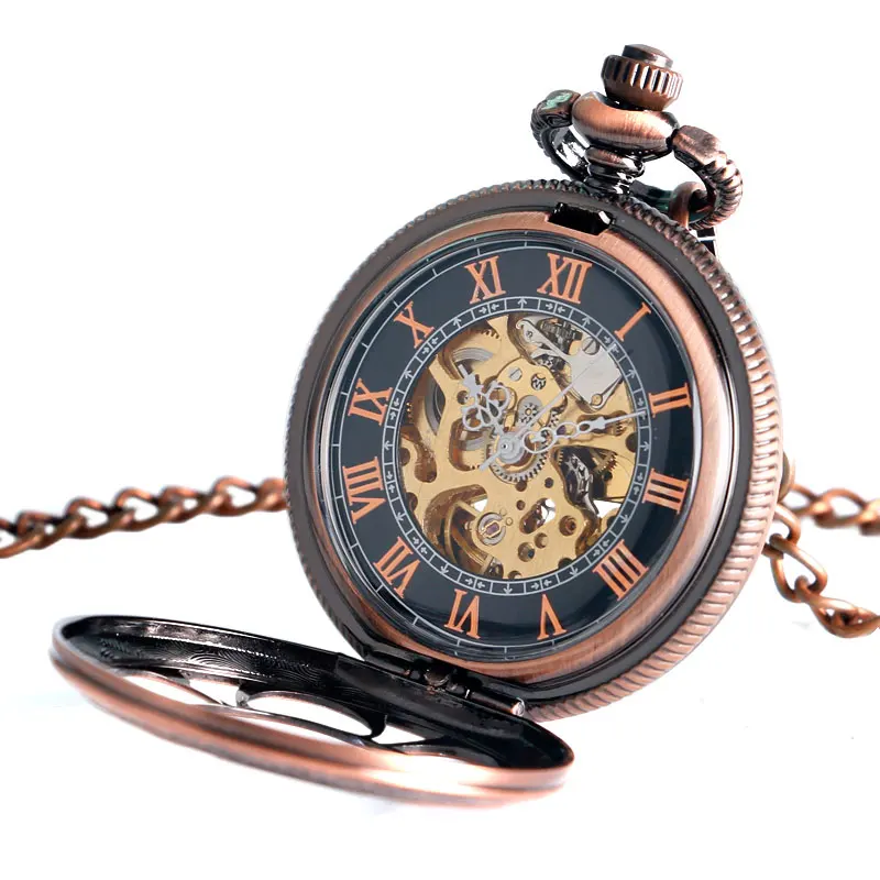 Self- Wind Hollow Flower Pendant Pocket Watch Rose Copper Women Open face design Chain Watches Men  Automatic Mechanical Clock