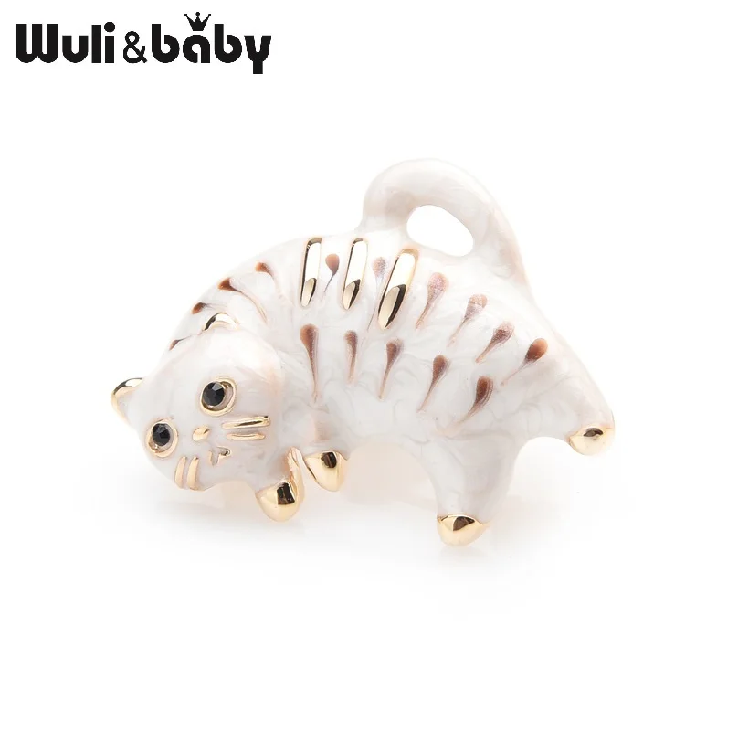 Wuli&baby маленькие коричневые полосы белые броши-кошки металлические животные брошь для вечеринки булавки Подарки для женщин и мужчин девочек