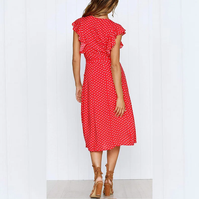 Женское платье в белый горошек Boho красное Повседневное средней длины без рукавов