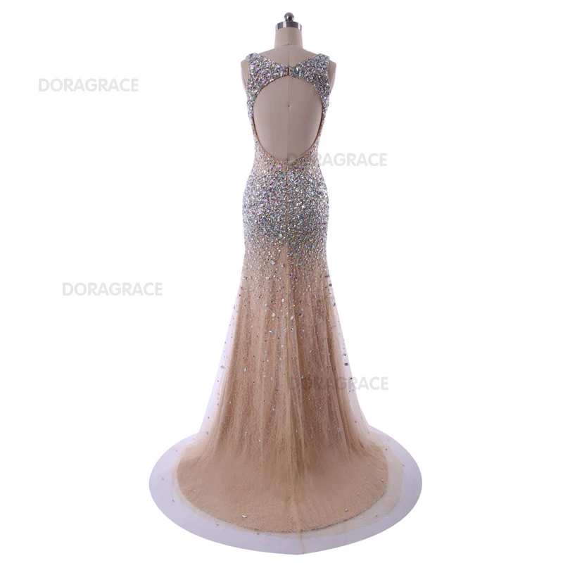 Doragrace Real Photo V Neck Side Split Open Back Evening Dresses Crystal Prom Gowns Beaded Mermaid Party | Свадьбы и торжества