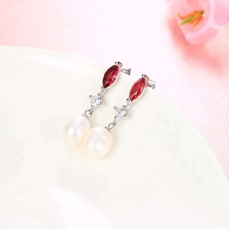 HENGSHENG 2017 New 925 Sterling Silver Women Dangle Earrings For Girlfriend Gift 8-9mm AAAA Freshwater Pearl with red crystal | Украшения и