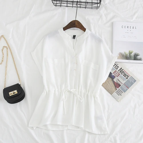 white blouse Neploe рубашки с завязками женская блузка с v-образным вырезом и карманами Blusas весна лето сплошной размера плюс Топы женская элегантная Рабочая одежда - Цвет: white blouse