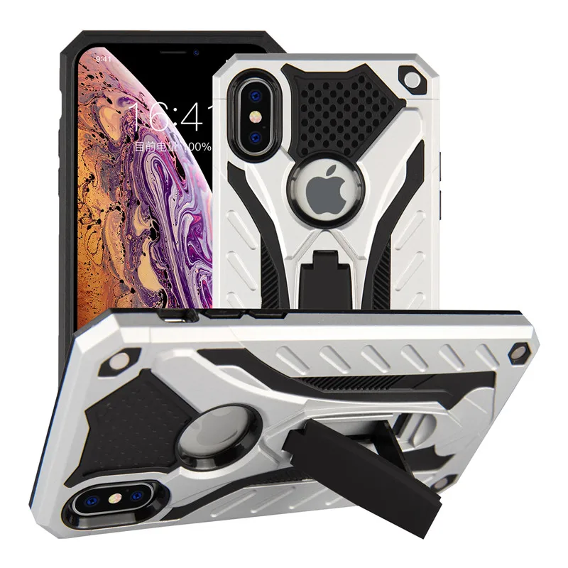 Серебристый Hybird TPU+ PC пластиковый двойной армированный чехол с подставкой для iPhone XS Max X XR 5 5S SE 6 S 6 S 7 8 Plus 6Plus 7Plus 8 Plus задняя крышка - Цвет: Серебристый