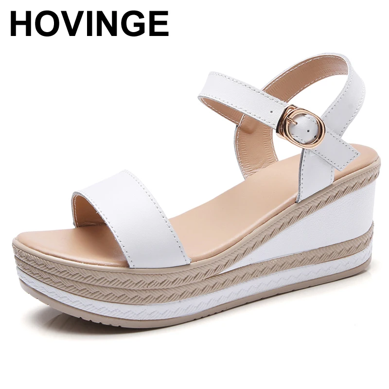 

HOVINGE Women Flat Platform Sandals Shoes Leather Buckle T Strap Basic Sandals Shoes Women Office Summer High Heels Shoes