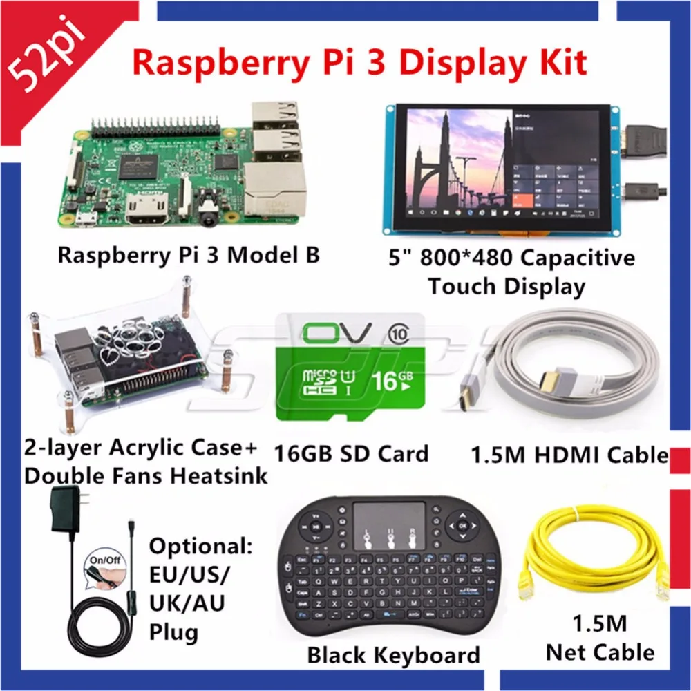 52Pi Raspberry Pi 3 Model B комплект с 5 дюймов 800*480 емкостный сенсорный дисплей монитор + 16 Гб