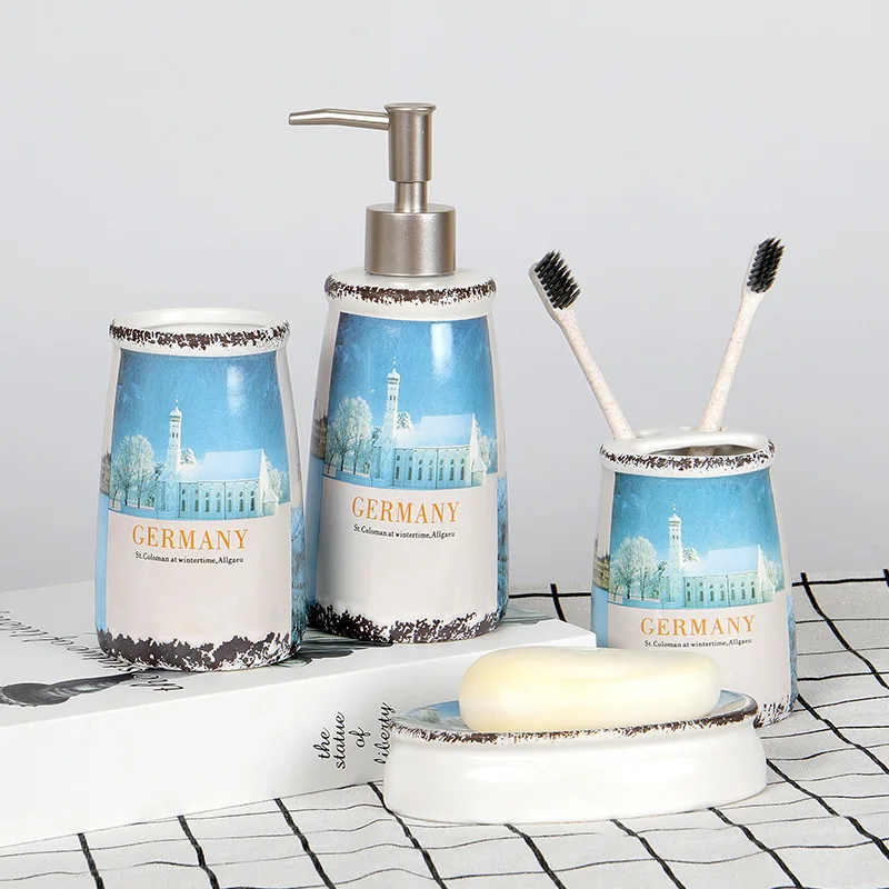 Пейзаж дом Керамика Вымойте Набор из четырех частей Ванная комната туалетные