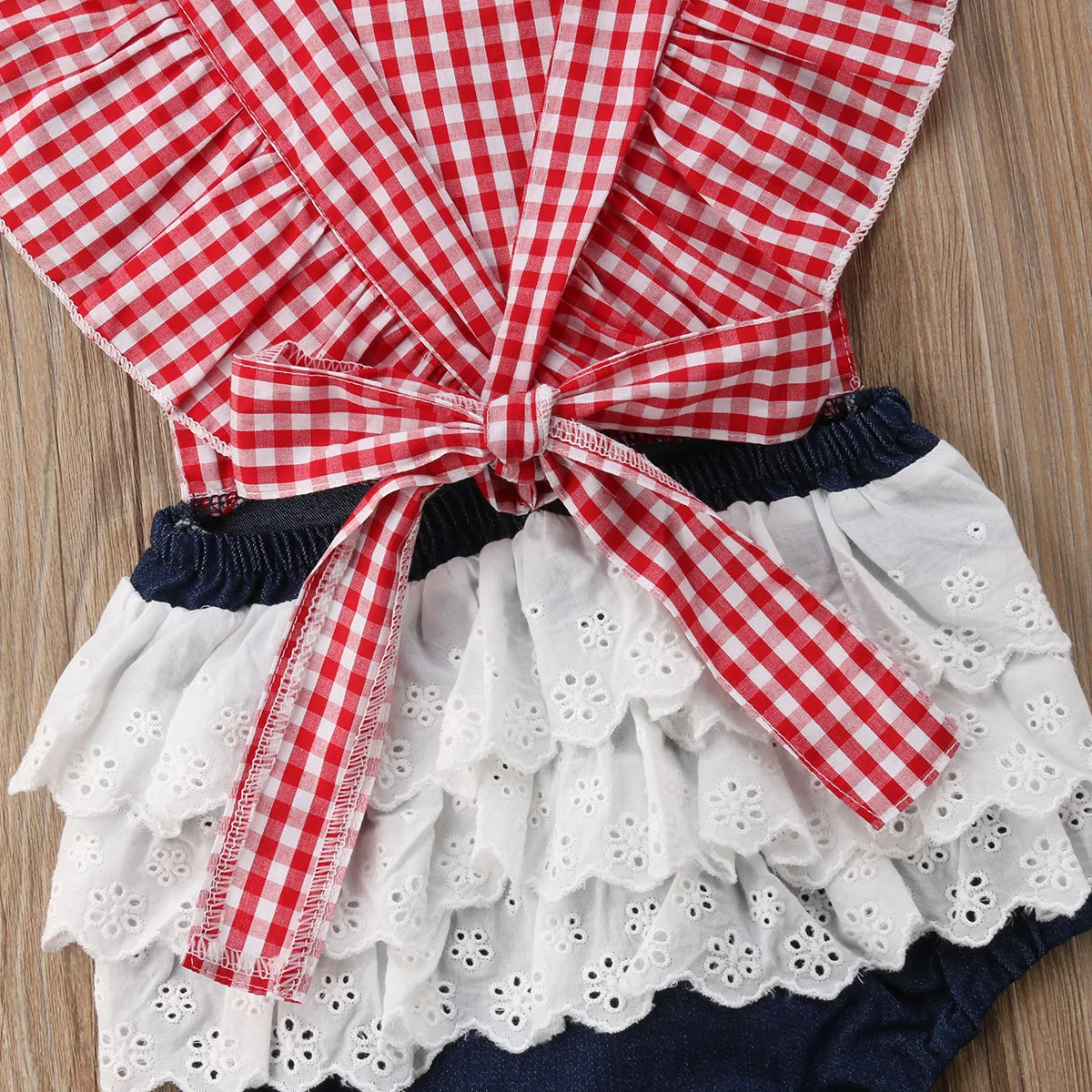 

Summer New Plaid Bodysuits Newborn Baby Girls Lace Denim Bodysuit Ruffles Sleeve Jumpsuit Fashion Kid Lace Up Sunsuit Clothes