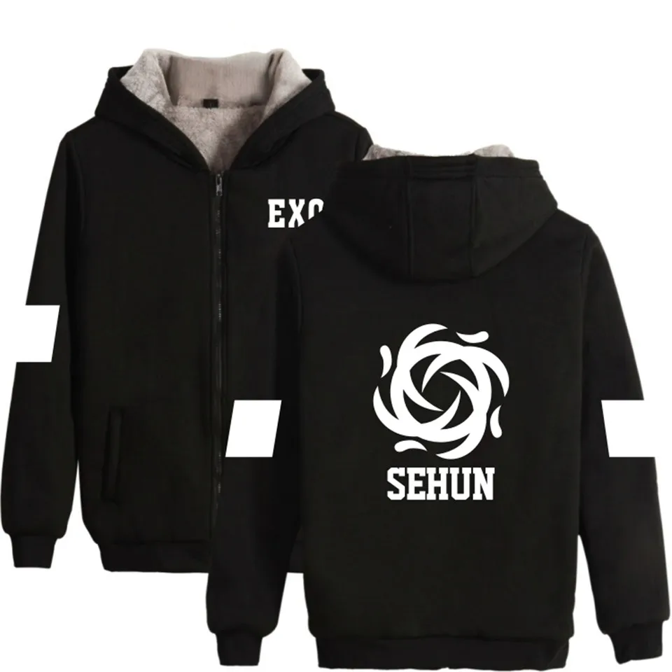 EXO Kpop логотип зимние теплые хлопковые Толстовки на молнии для женщин корейский