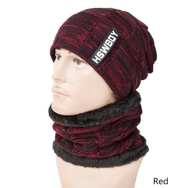 IWINTER, 2 шт., зимняя теплая шапка, шарф, набор для мужчин, Skullies Beanies, плюс бархат, толстая зимняя шапка, шарф, вязаная шапка, шапочка унисекс - Цвет: Red Scarf Hat Set