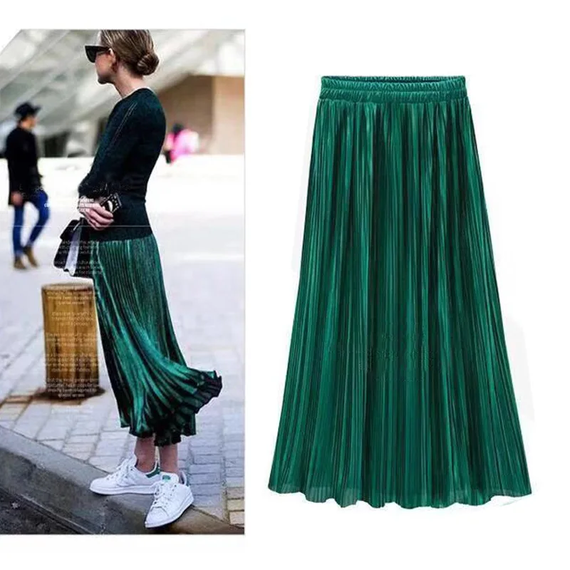 Плиссированная юбка зеленая длинная Falda Plisada Xxxl Spodnica Saia Jupe Longue уличная элегантная