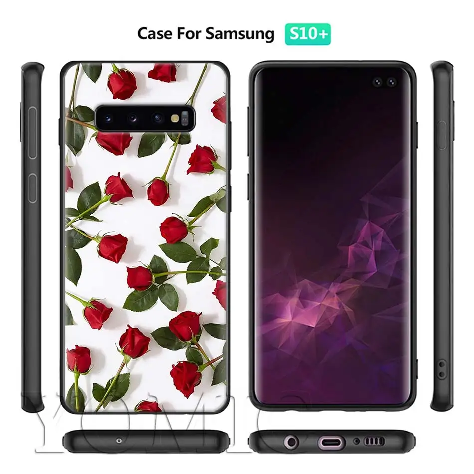 

Red Rose Black Case for Samsung Galaxy S20 FE S21 Note 20 Ultra S10 10 Lite S9 Plus S8 S10e Soft TPU Phone Cover Coque