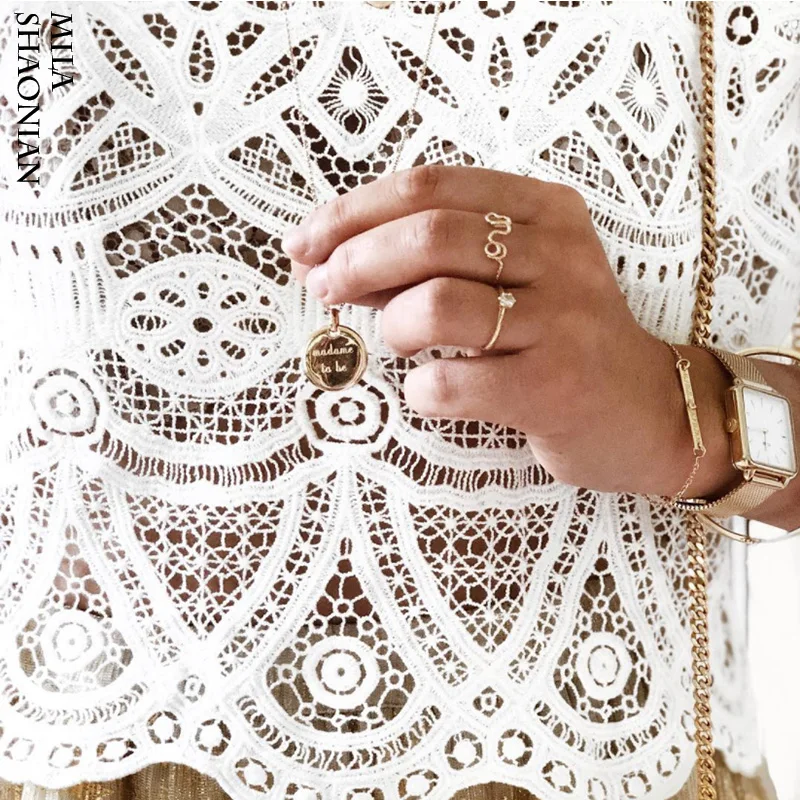 Белые кружевные просвечивающаяся блузка женские с круглым вырезом средний рукав