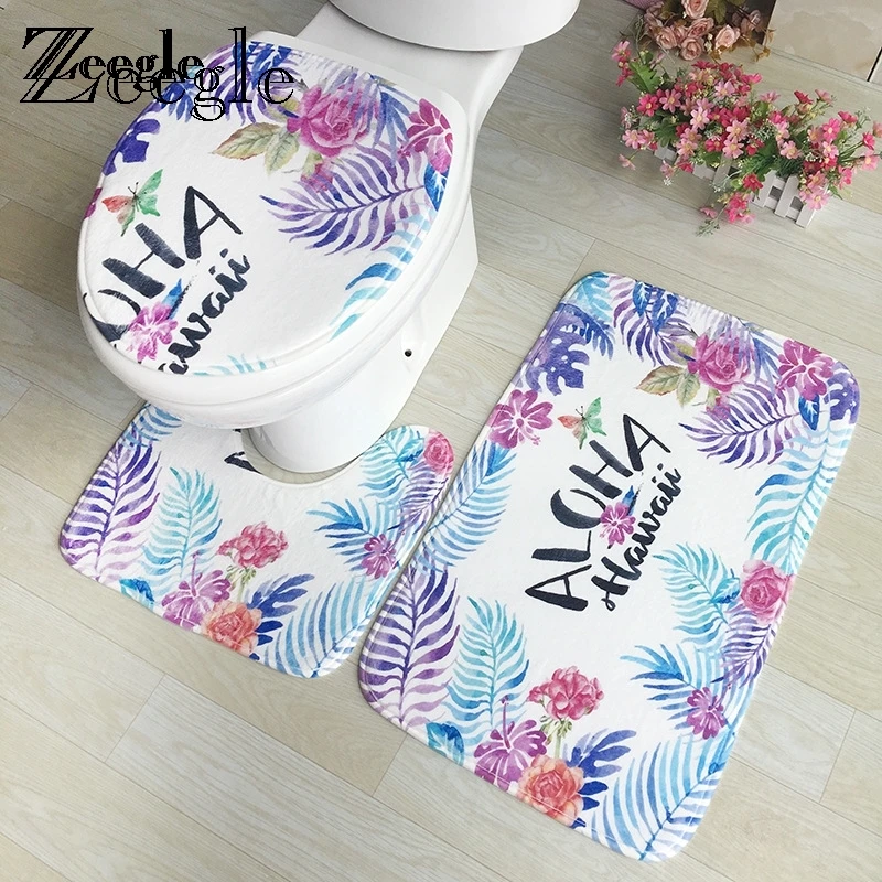 

Zeegle Bathroom Carpets Set Flannel Pedestal Rug Lid Toilet Cover Bathroom Bath Mat Anti-slip Flower Printed Floor Rugs