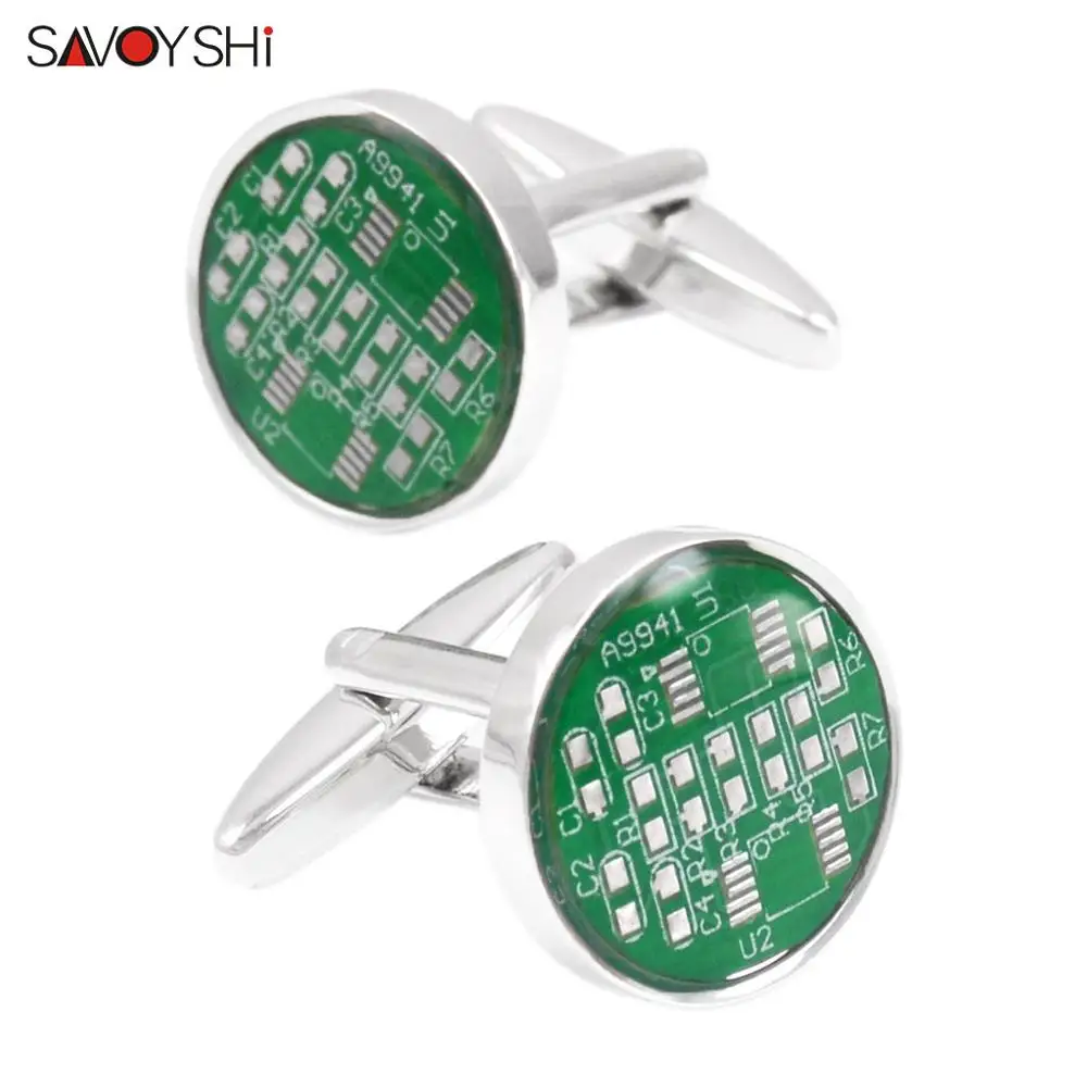 SAVOYSHI, новинка, запонки для мужской рубашки, брендовые запонки на пуговицах, высокое качество, круглая синяя печатная плата, запонки, специальный подарок, гравировка имени - Окраска металла: Родиевое покрытие