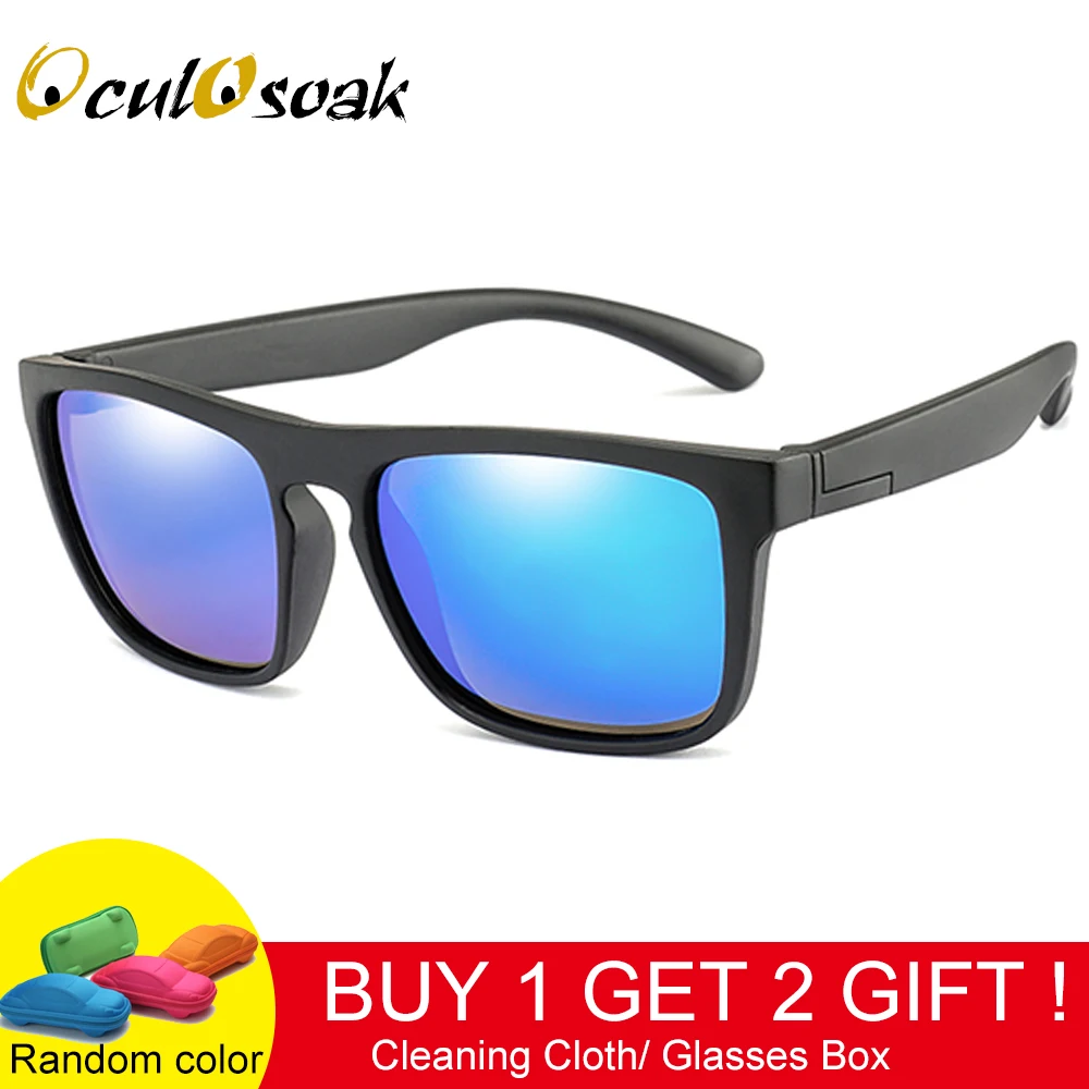 

OculOsoak Square Polarized Kids Sunglasses with Case Coating Mirror Silicone TR90 Goggles Children Gafas de sol Box UV400