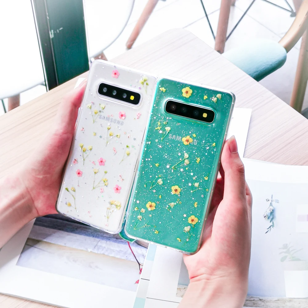 Прозрачные блестящие чехлы с высушенными цветами для samsung Galaxy S10 S9 Plus, прозрачные блестящие накладки на заднюю панель с настоящими цветами для Galaxy S9