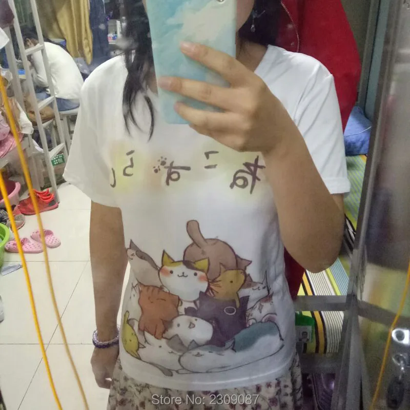 Футболки женские топ Лето кошка топы рубашка женская Neko Тройники Harajuku Футболка Японский Каваи Atsume Neko Аниме Мультфильм Cos Футболки Лолита Милый Кот Двор Случайные Топы Тройник Женская Одежда WXC