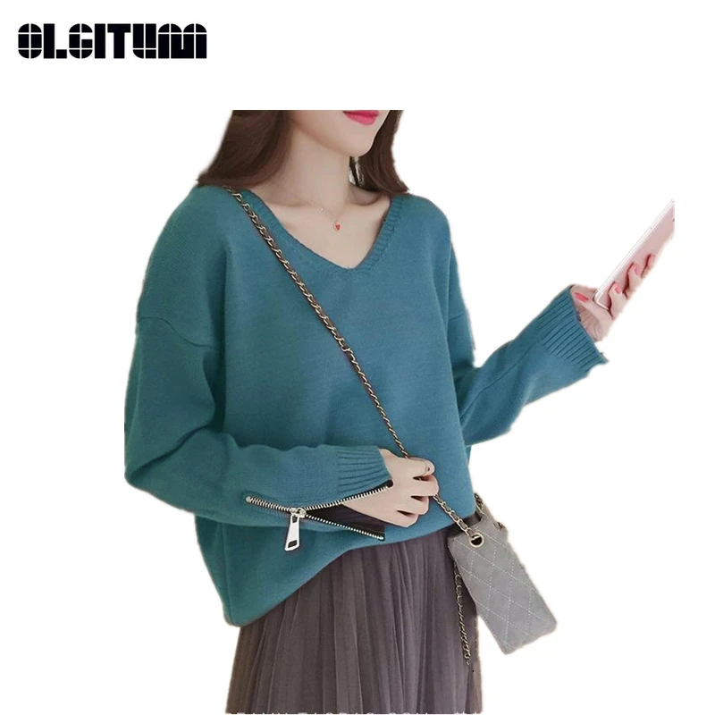 

New Fashion Cuff Zipper V-neck Pullover Female 2020 Autumn and Winter Loose Solid Color Sweater Women Multi-color Black White