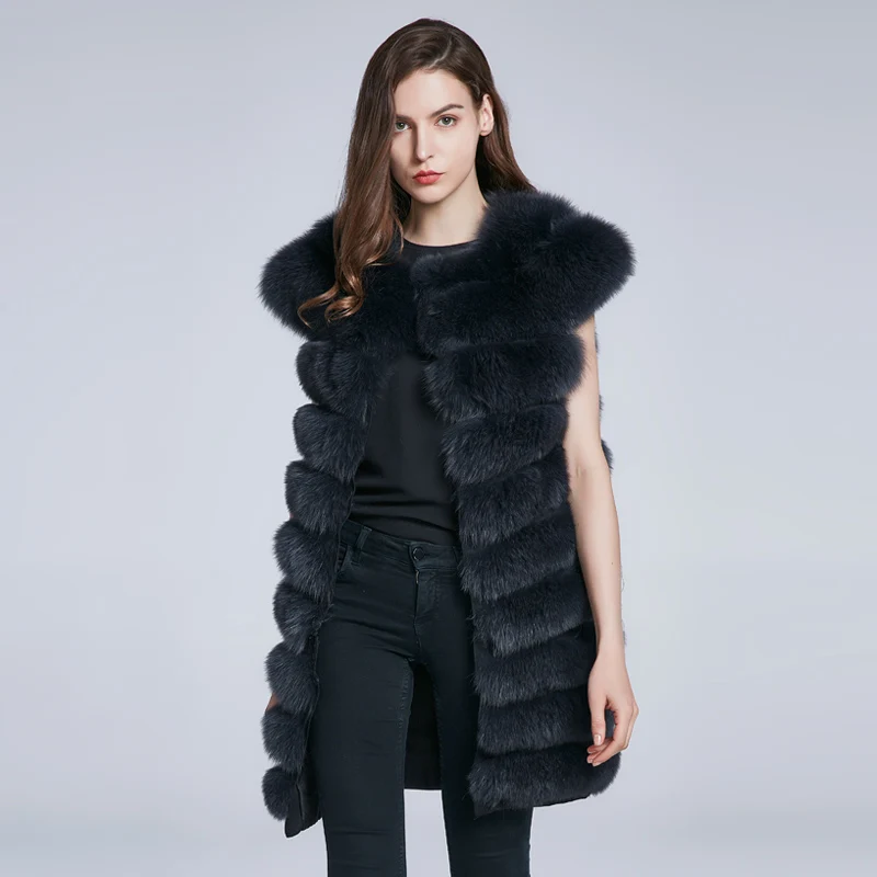 Enlarge JKP Winter Women's Fox Fur Coat Medium Length Female Real Fur Sleeveless Vest Tilt Stripe Warmth Fashion New Clothes