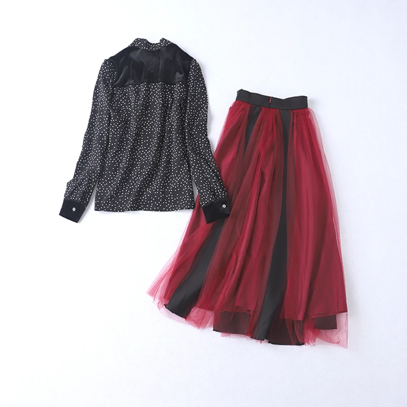 HIGH QUALITY New Fashion 2021 Runway Suit Set Women's Long Sleeve Bow Collar Dot Blouse Shirt Gauze Skirt |