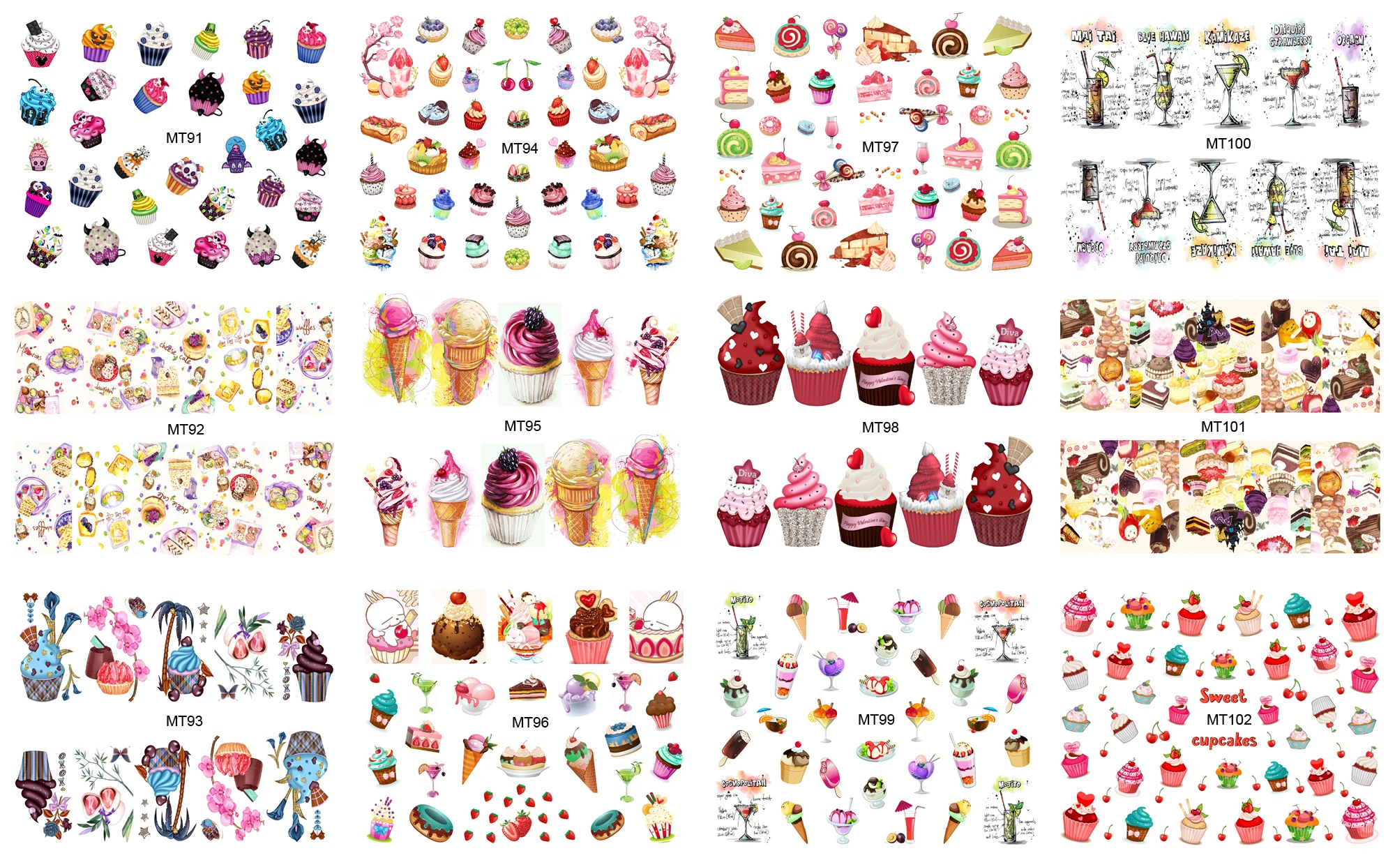 New 1 Sheets Nail MT91-102 Mix Cake Cool Drink Ice Cream Lady Nail Art Water Transfer Decal Sticker Tattoo For Nail