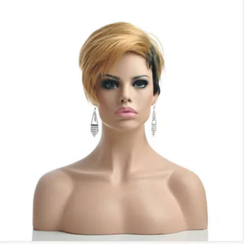 HAIRJOY Монолитным Синтетический женский блонд черный 2 тона двойной цвет короткие прямые волосы парик каждый день - Цвет: blonde black