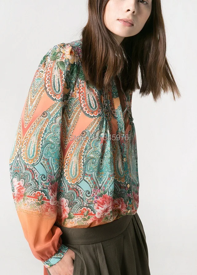 New 2018 Women Vintage Ethnic Totem Floral Print Orange Sashes Blousa Blouse Woman V Neck Casual Slim Shirt Tops |