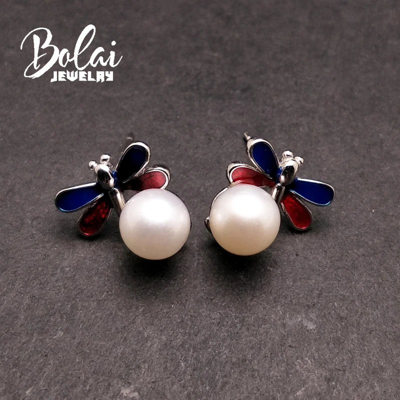 Bolaijewelry, жемчужные серьги-гвоздики круглый 7,0 мм Стрекоза простой дизайн 925 стерлингового серебра ювелирные украшения для девочек подарок на день рождения