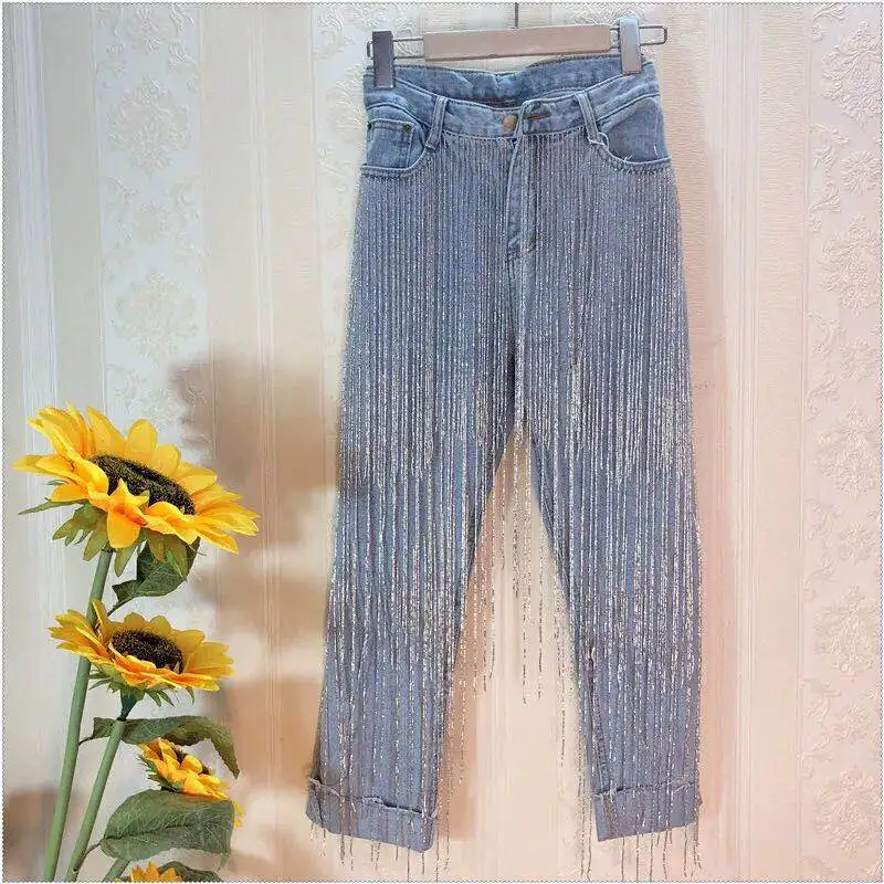 bead tassel Весенняя мода, уличная одежда, ручная работа, бисероплетение, кисточки, джинсы для женщин, джинсовые штаны для женщин - Цвет: bead tassel
