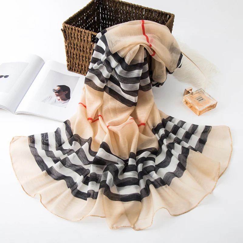 2019 Scarf For Woman Autumn And Winter Simulation Silk Exquisite Fashion Simple Striped Sunscreen Print Plaid Gift Female | Аксессуары