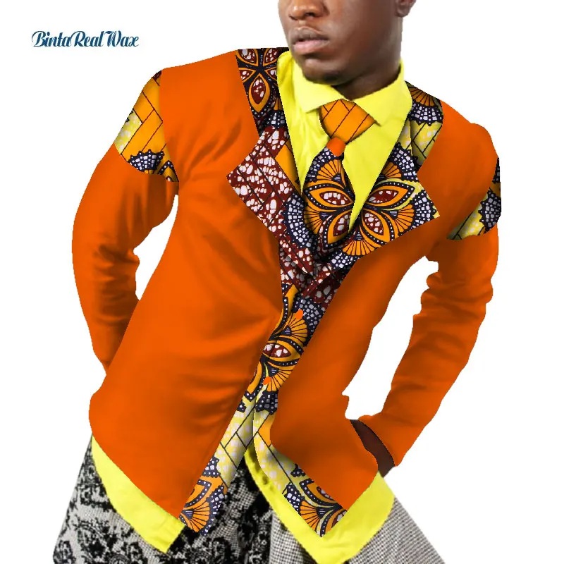 African Men Clothing Bazin Riche Patchwork Print Tops Coat Shirt Necktie Cotton Dashiki African Design Clothing WYN519