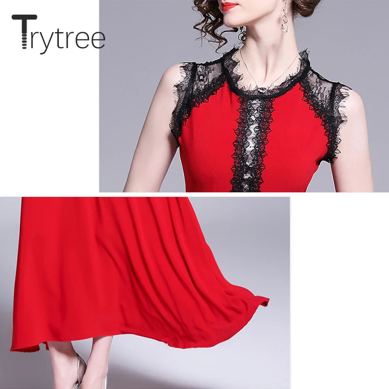Trytree летнее уличное элегантное платье кружевное лоскутное женское без рукавов