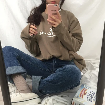 khaki 3 цвета, весна, корейский шикарный стиль, винтажные свободные футболки с буквенным принтом и О-образным вырезом, с длинным рукавом, женские футболки(B1167 - Цвет: khaki