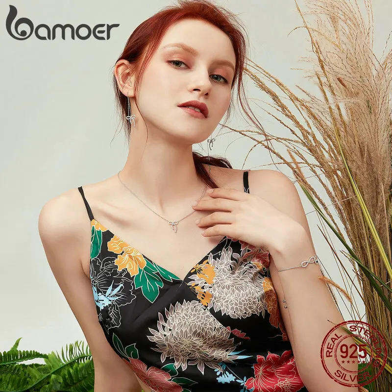BAMOER, романтическое 925 пробы, серебряное, светящееся, бант, форма, прозрачный кубический циркон, женские ожерелья, женская мода, ювелирное изделие, BSN040
