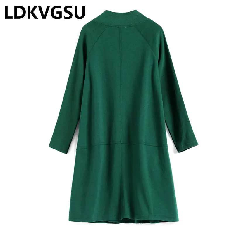 Spring Autumn Dress Female Long Sleeve 2019 New Fashion Temperament Loose Round Neck Large Size Green Knit LQ705 | Женская одежда