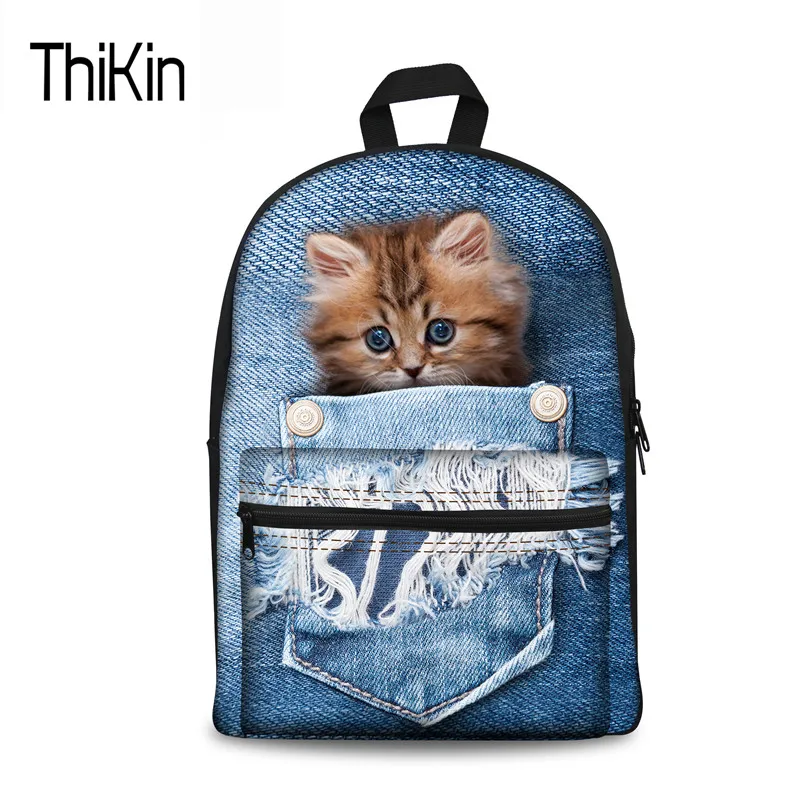 THIKIN 3D джинсовый школьный рюкзак с кошкой модная книжная сумка для подростков