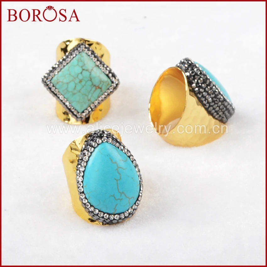 

BOROSA blue Howlite stone bang ring, multi kind shape hand pave cz around gold color adjustable ring drusy jewelry JAB471