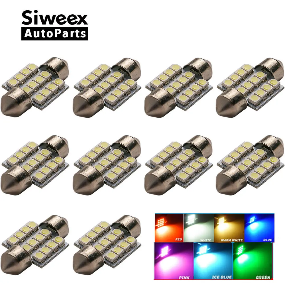 

10 Pcs/Lot 31MM 12-3528 SMD Light Dome Lamp Interior Festoon License Plate LED Bulb DC 12V Red/White/Blue/Iceblue/Green/Pink