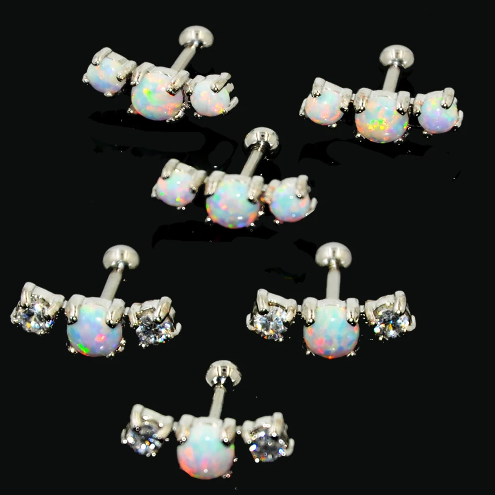 Серьги гвоздики с фианитом и опалом 1 шт.|curved barbell|tragus cartilage earringcartilage earrings |