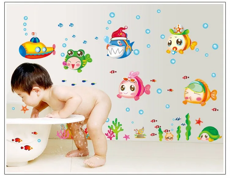 Underwater World Cartoon Baby Fish For Children Nursery Kindergarten Room Home Bathroom Glass Decoration | Дом и сад