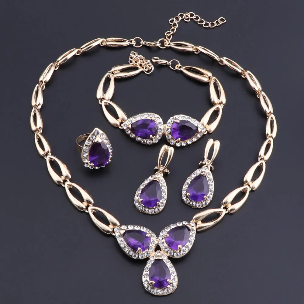 

OEOEOS Jewelry Sets For Women Wedding Bridal Party Crystal Gold Color Zircon Pendant Fine Necklace Bracelet Ring Earrings Set