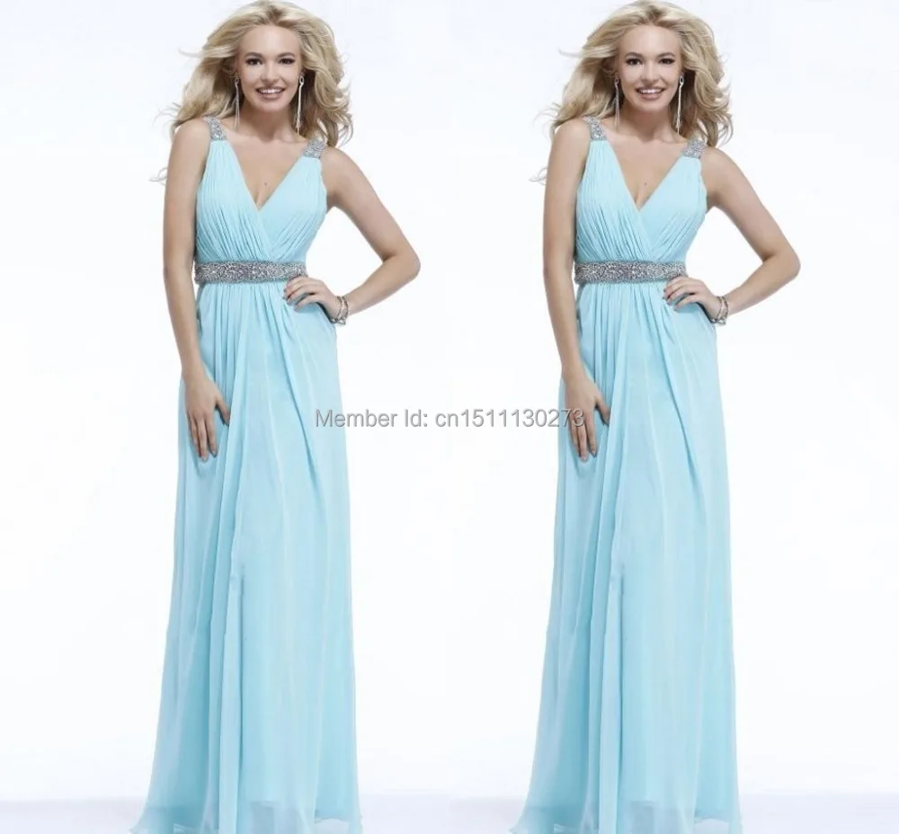 2014 Free Shipping Hot Sale Custom Made Sexy A-Line V-Neck Backless Pleat Beads Floor-Length Chiffon Prom Dresses Evening Gowns | Свадьбы и