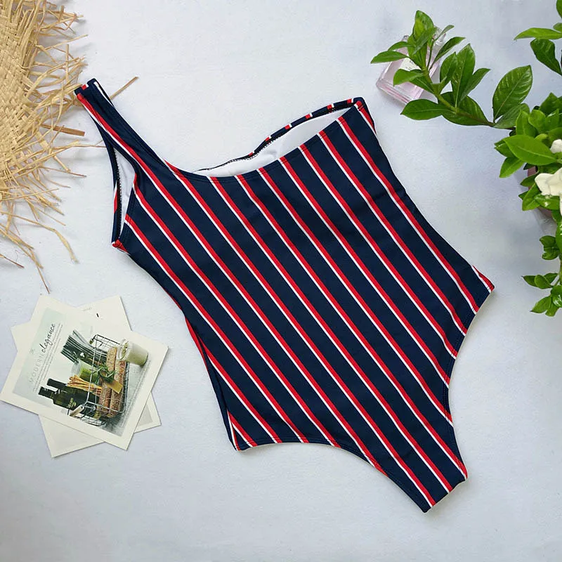 Striped MSSNNG сексуальный купальник на одно плечо в полоску Женский цельный красный купальник женский купальник монокини одежда для плавания XL - Цвет: Striped