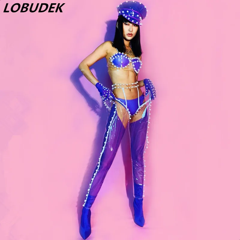 

Purple Pearls 6 Pieces Dance Outfits Sexy Bar Club Female Dancer DJ DS Costume Nightclub Party Show Set Performance Clothing