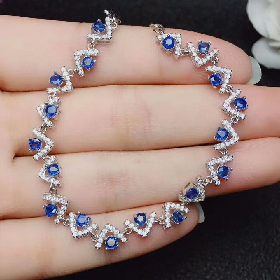 [MeiBaPJ]Real Natural Sapphire Gemstone Bracelet 925 Sterling Silver Blue Stone Bangle for Women Fine Wedding Jewelry | Украшения и