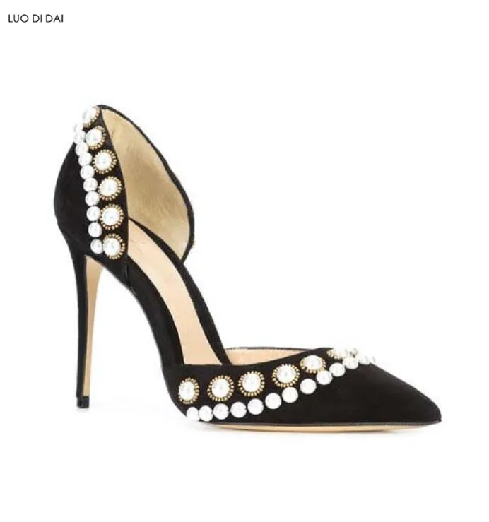 Женские туфли лодочки на тонком каблуке 12 см с белым жемчугом бусинами шпильках