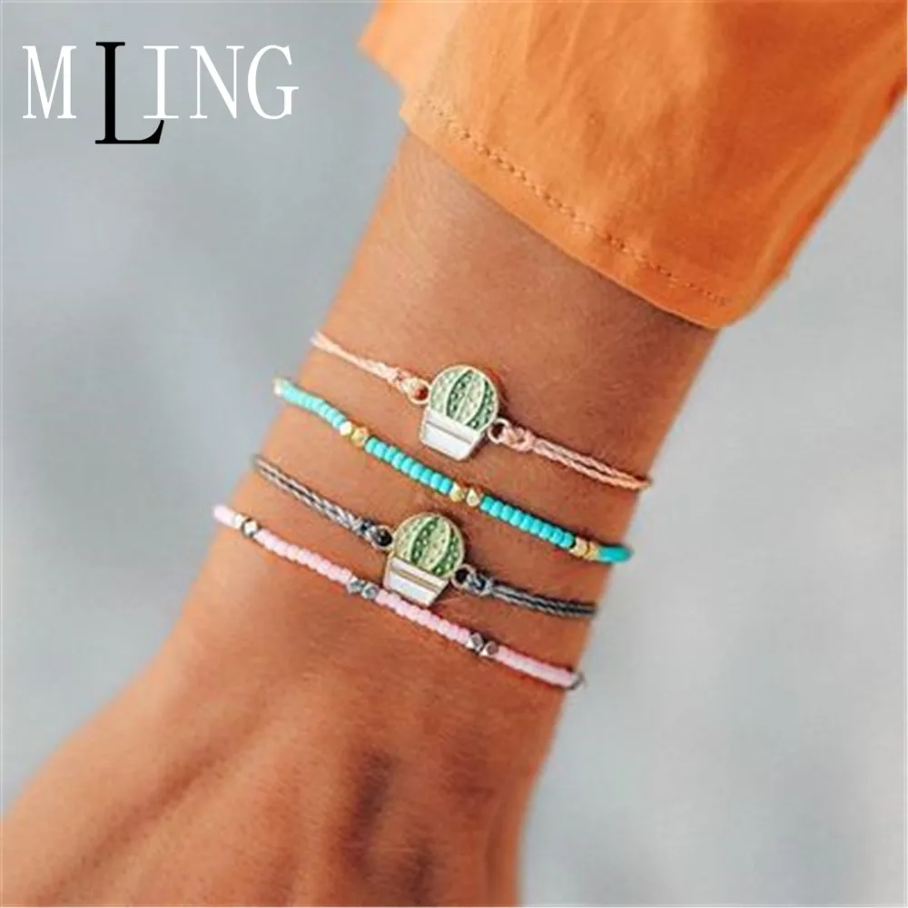 Набор женских винтажных браслетов в стиле бохо с розовыми бусинами и