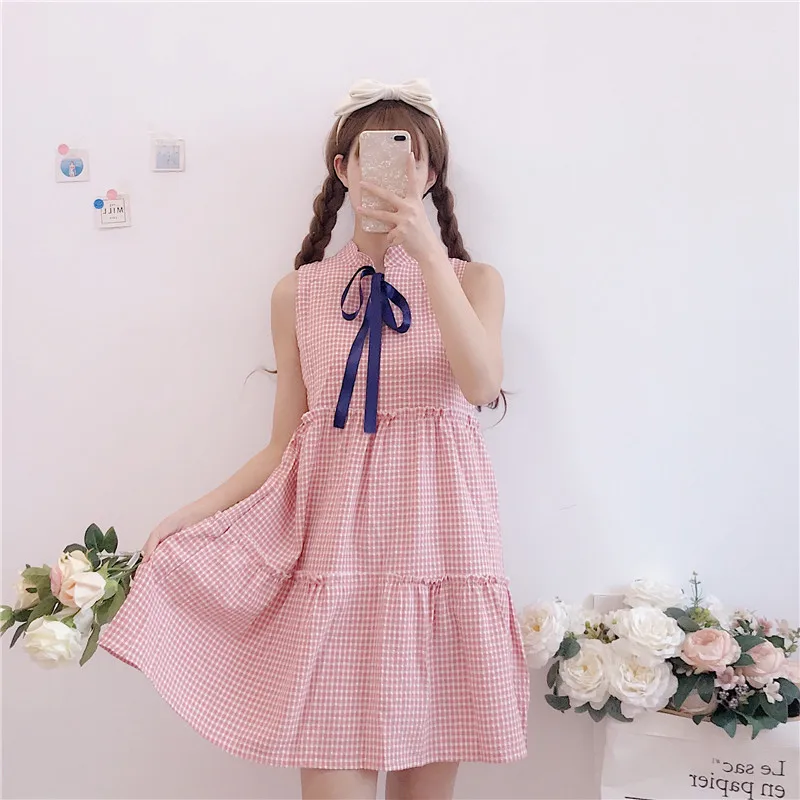

2019 Spring New Korean Academy Sweet And Lovely Sleeveless A-line Dress Ruffled Japanese Fashion Casual Dress