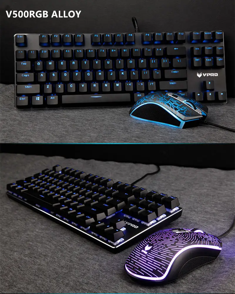 Механическая игровая клавиатура Teclado из сплава Rapoo V500 с питанием от USB для игрового компьютера, настольного ноутбука, черный/коричневый/синий