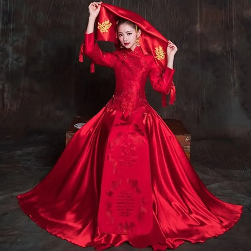 Китайское традиционное свадебное платье Vestido платья в восточном стиле красное